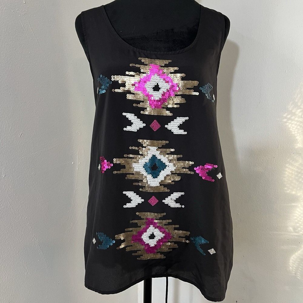 Rock & Republic Womens Black Sequin Tribal Southwestern Tank Top Size M